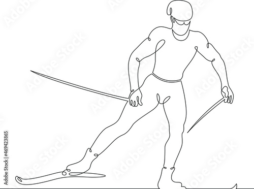 Athlete skier runs along the track. Portrait of a skier on a  winter ski track.Winter sports.Cross country skiing. One continuous line .One continuous drawing line logo isolated minimal illustration.