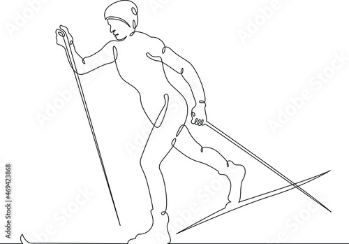 Athlete skier runs along the track. Portrait of a skier on a  winter ski track.Winter sports.Cross country skiing. One continuous line .One continuous drawing line logo isolated minimal illustration.