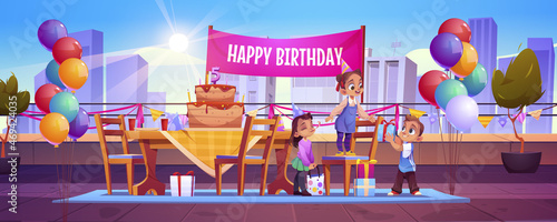 Girl celebrate birthday with friends at house rooftop with balloons, festive decoration, cake with candles and garlands. Little children celebrating party on roof outdoors, Cartoon vector illustration