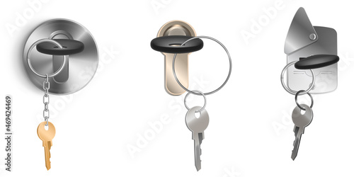 Keys bunch on metal ring and keyhole isolated on white background. Vector realistic set of 3d holes in door lock, handle or padlock, locksmith tools for property safety