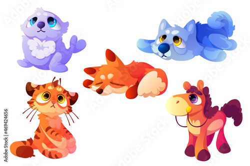 Plush animals, cute soft toys for babies. Vector cartoon set of funny fluffy playthings, pretty textile dog, cat, seal, fox and horse. Wild animals and pets isolated on white background