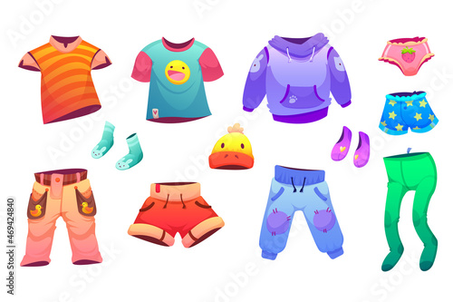 Kids clothes, cute baby fashion, t-shirts, pants and hoodie with shorts and tights, hat, panties and socks for little boys and girls, Cartoon collection of children wear vector, illustration, clip art