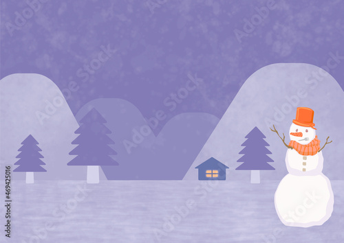 夜の雪景色と雪だるまの壁紙イラスト