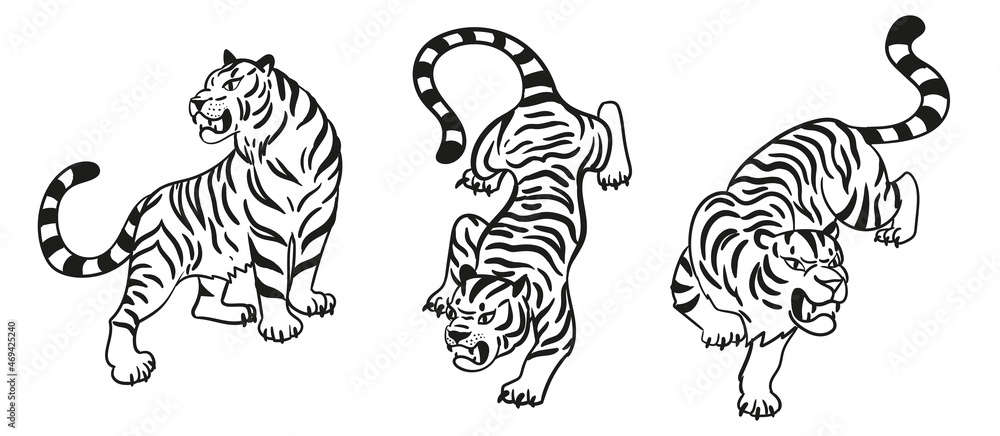 Graphic tigers set. Black and white Collection of predatory wild cats. Vector illustration isolated on white background. Graphic tigers set. Black and white Collection of predatory wild cats. Vector illustration isolated on white background.
