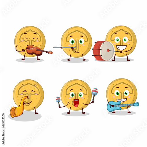 Cartoon character of dalgona candy umbrella playing some musical instruments