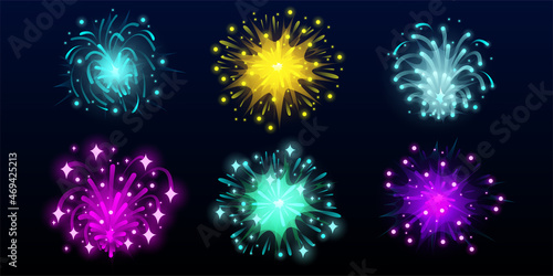 Carnival fireworks in night sky. Bright explosions of festive rockets isolated on black background. Vector cartoon set of fireworks for birthday party or holidays celebration