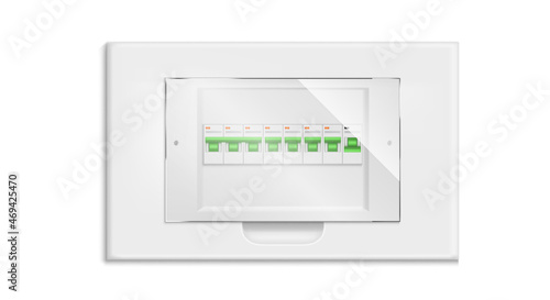 Fuse box, electrical panel with on and off switchers, automatic circuit breaker isolated on white background. Switchboard equipment for power control and distribution, Realistic 3d vector illustration