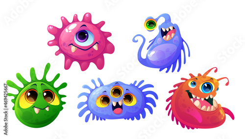Germs, viruses and bacteria cartoon characters with cute funny faces. Smiling pathogen microbes or monsters with big eyes, colorful cells with teeth and tongues isolated vector illustration, icons set