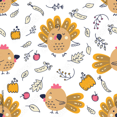 Thanksgiving seamless pattern with turkeys, roosters, pumpkins and autumn leaves. Perfect for T-shirt, postcard, textile and print. Hand drawn vector illustration for decor and design.
