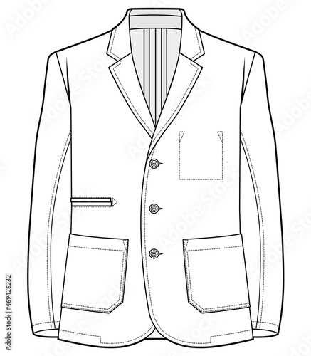mens blazer three button long sleeve sport coat flat sketch vector illustration