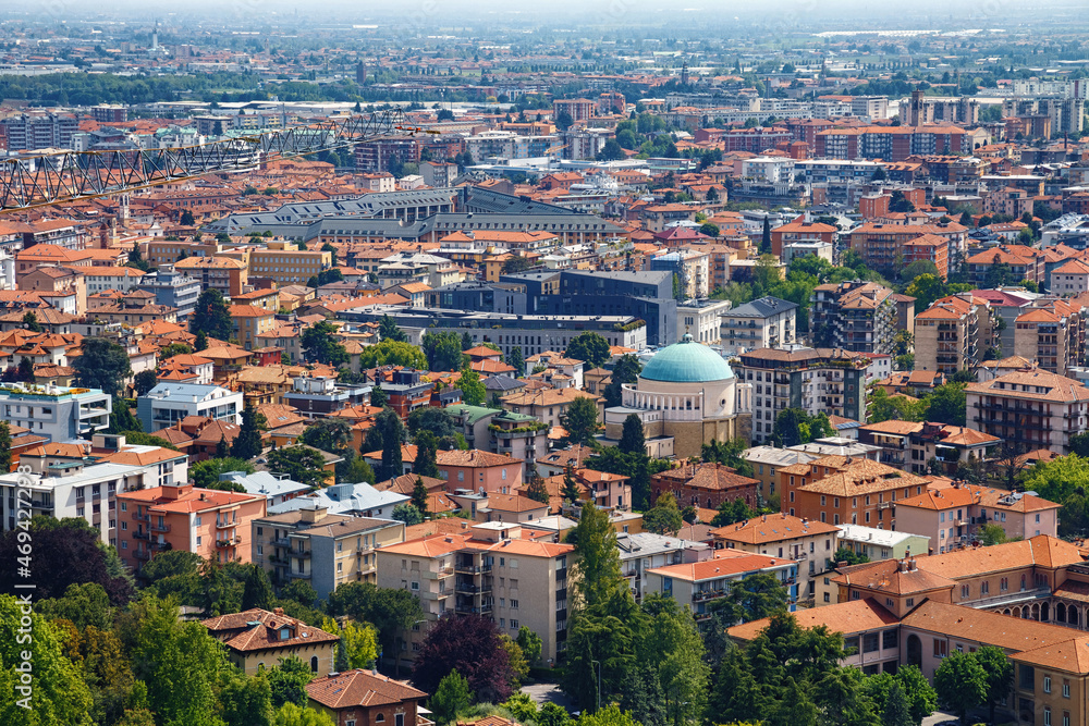 Aerial view of the old town Bergamo in northern Italy. Bergamo is a city in the Lombardy region.