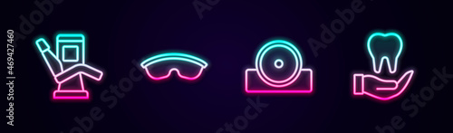 Set line Medical dental chair, Safety goggle glasses, Otolaryngological head reflector and Tooth. Glowing neon icon. Vector