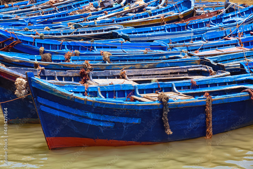 Famous fishing wooden blue boats of the Essaouira. Morocco.