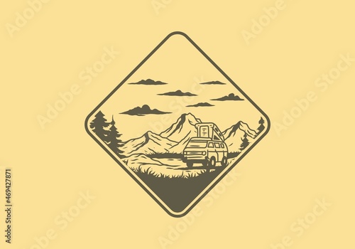 Night mountain camper van illustration drawing