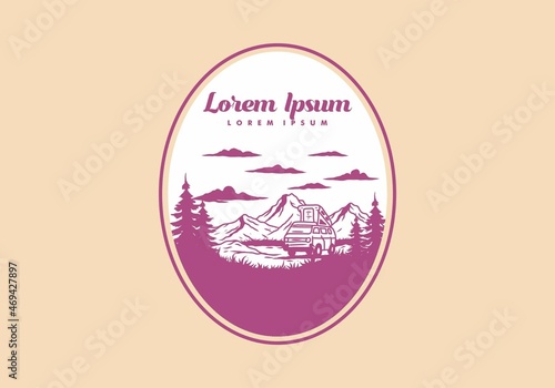 Night mountain camper van illustration drawing