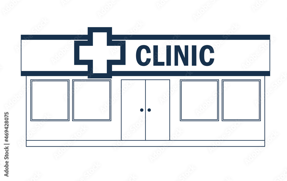 Obraz premium シンプルな1色白黒の線画のお店のイラスト クリニック診療所 病院の建物 clinic