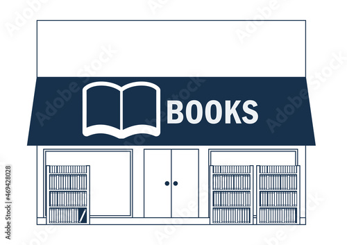 シンプルな1色白黒の線画のお店のイラスト　町の書店　本屋さんの建物のイラスト book shop