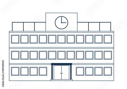 シンプルな1色白黒の線画のお店のイラスト　小学校中学校高校の校舎のイラスト　時計