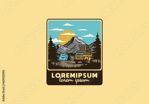Night mountain camper van illustration drawing