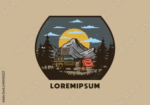 Night mountain camper van illustration drawing