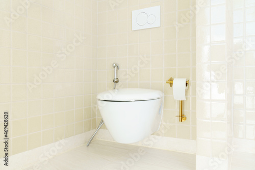 Wall-mounted toilet in the toilet room with ceramic tiles design
