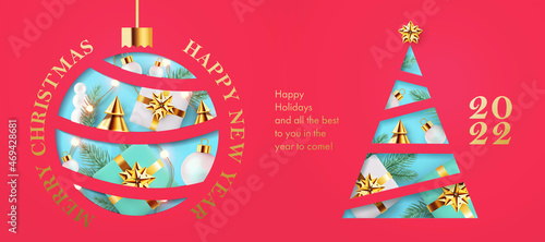 Xmas and New Year modern design with paper cuted Christmas tree, ball and 3d realistic gifts, pine branches and lights on red background. Greeting card, flyer, poster, holiday cover, sale promo banner