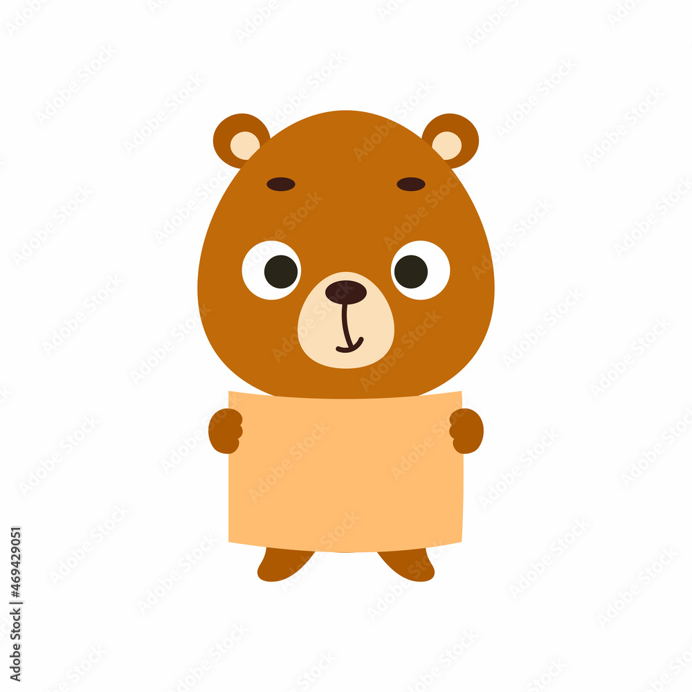 Cute little bear keep paper sheet on white background. Cartoon animal character for kids cards, baby shower, invitation, poster, t-shirt composition, house interior. Vector stock illustration. Cute little bear keep paper sheet on white background. Cartoon animal character for kids cards, baby shower, invitation, poster, t-shirt composition, house interior. Vector stock illustration.