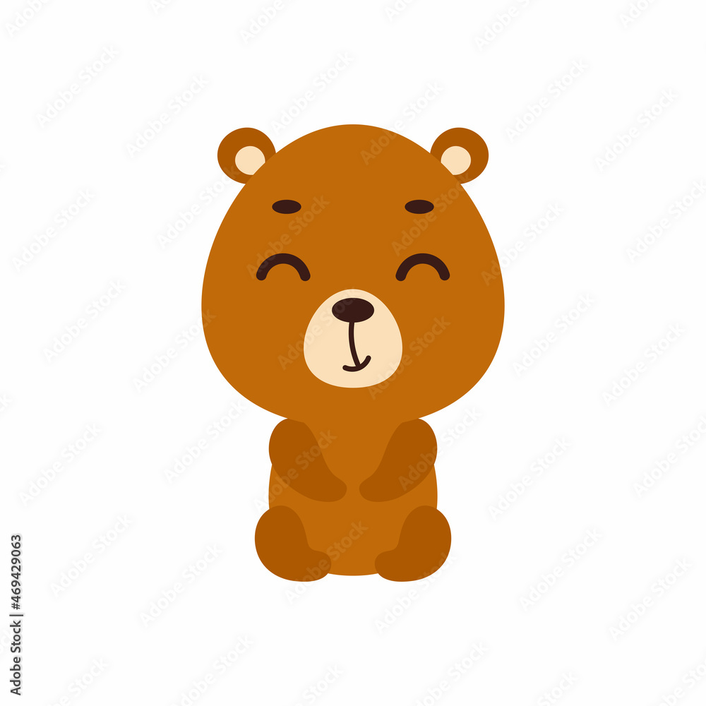 Cute little sitting bear on white background. Cartoon animal character for kids cards, baby shower, invitation, poster, t-shirt composition, house interior. Vector stock illustration.