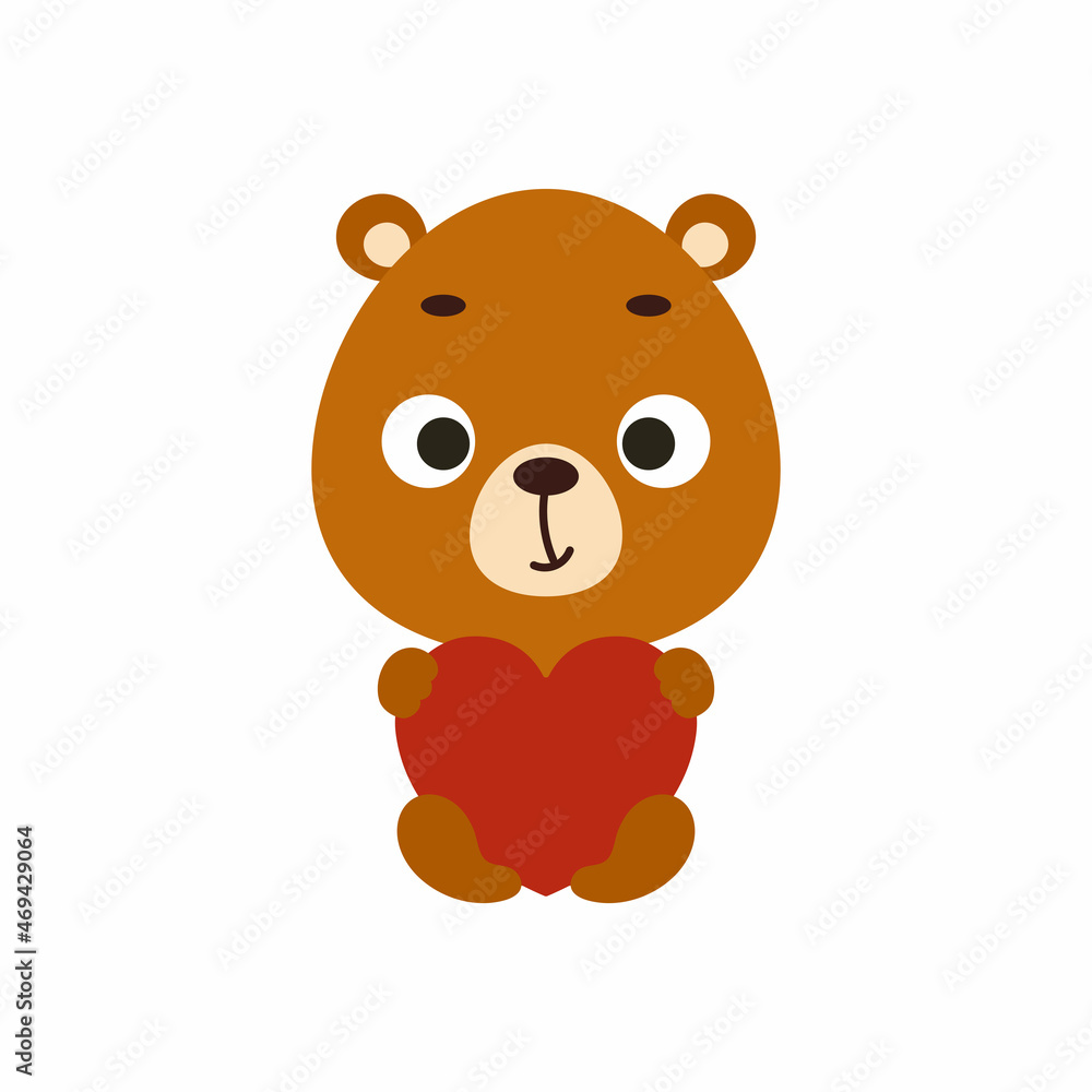 Cute little sitting bear keep hart on white background. Cartoon animal character for kids cards, baby shower, invitation, poster, t-shirt composition, house interior. Vector stock illustration. Cute little sitting bear keep hart on white background. Cartoon animal character for kids cards, baby shower, invitation, poster, t-shirt composition, house interior. Vector stock illustration.