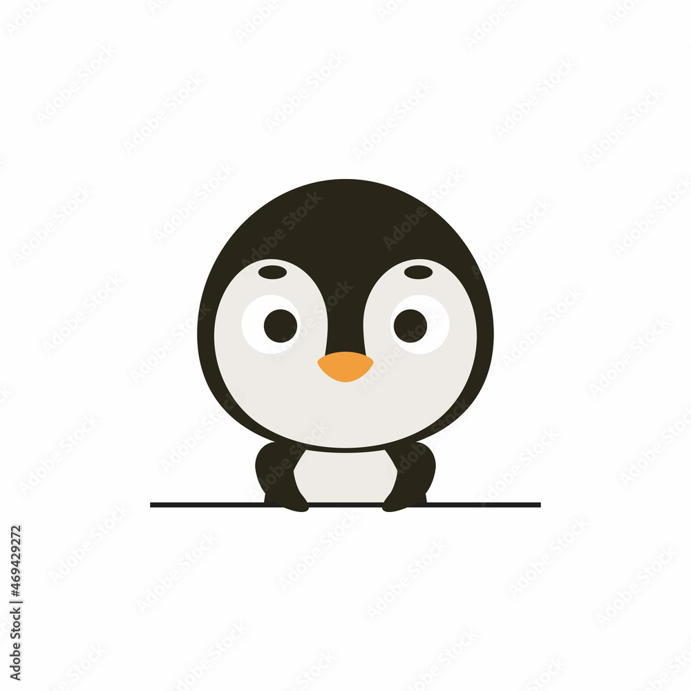 Obraz premium Cute little penguin on white background. Cartoon animal character for kids cards, baby shower, invitation, poster, t-shirt composition, house interior. Vector stock illustration.