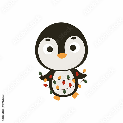 Cute Christmas penguin with garland on white background. Cartoon animal character for kids cards  baby shower  invitation  poster  t-shirt composition  house interior. Vector stock illustration.