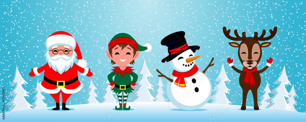 Characters for the celebration of Christmas and New Year on a winter background.