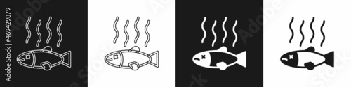 Set Dead fish icon isolated on black and white background. Rotten fish. Vector