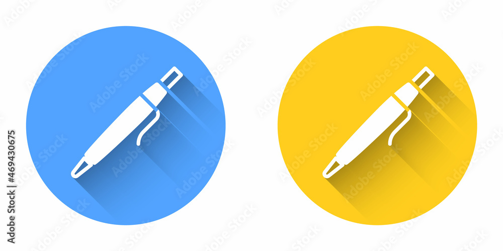 White Pen icon isolated with long shadow background. Circle button. Vector White Pen icon isolated with long shadow background. Circle button. Vector