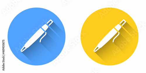 White Pen icon isolated with long shadow background. Circle button. Vector
