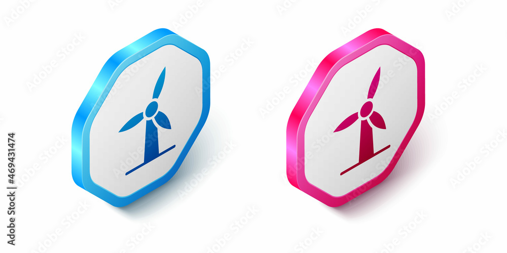 Isometric Wind turbine icon isolated on white background. Wind generator sign. Windmill for electric power production. Hexagon button. Vector Isometric Wind turbine icon isolated on white background. Wind generator sign. Windmill for electric power production. Hexagon button. Vector