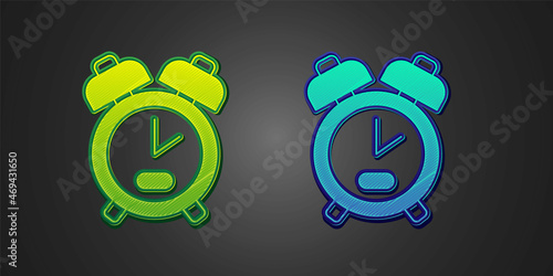 Green and blue Alarm clock icon isolated on black background. Wake up, get up concept. Time sign. Vector
