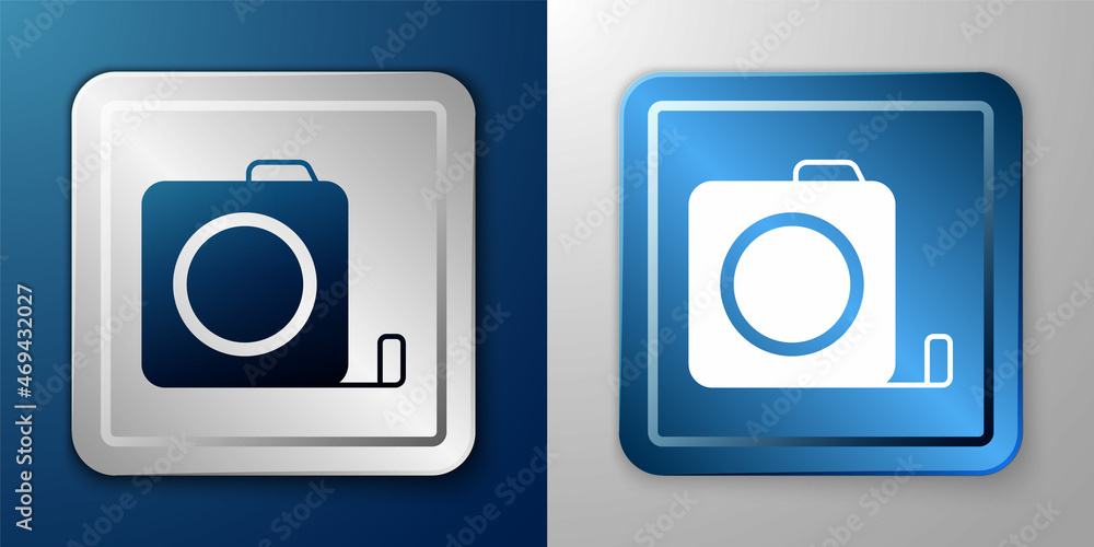 White Roulette construction icon isolated on blue and grey background. Tape measure symbol. Silver and blue square button. Vector White Roulette construction icon isolated on blue and grey background. Tape measure symbol. Silver and blue square button. Vector