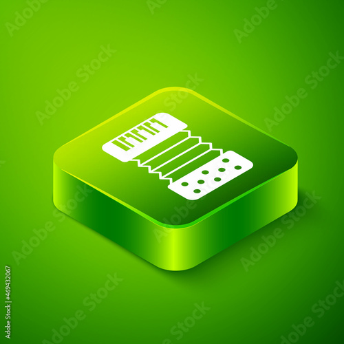 Isometric Musical instrument accordion icon isolated on green background. Classical bayan, harmonic. Green square button. Vector