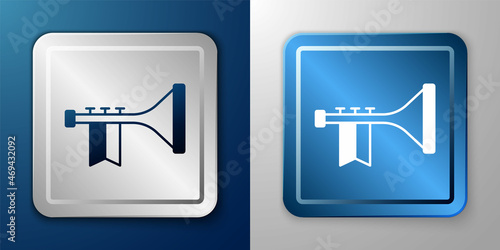 White Trumpet icon isolated on blue and grey background. Musical instrument. Silver and blue square button. Vector