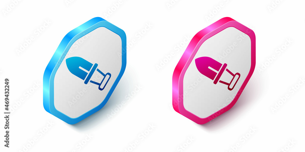 Isometric Dagger icon isolated on white background. Knife icon. Sword with sharp blade. Hexagon button. Vector Isometric Dagger icon isolated on white background. Knife icon. Sword with sharp blade. Hexagon button. Vector