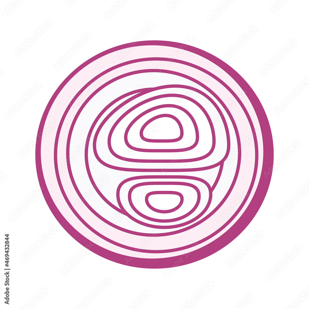 Slice a red onion. Delicious and healthy vegetable used in food. A root vegetable that is prepared as a seasoning. Vector illustration isolated on a white background for design and web. Slice a red onion. Delicious and healthy vegetable used in food. A root vegetable that is prepared as a seasoning. Vector illustration isolated on a white background for design and web.