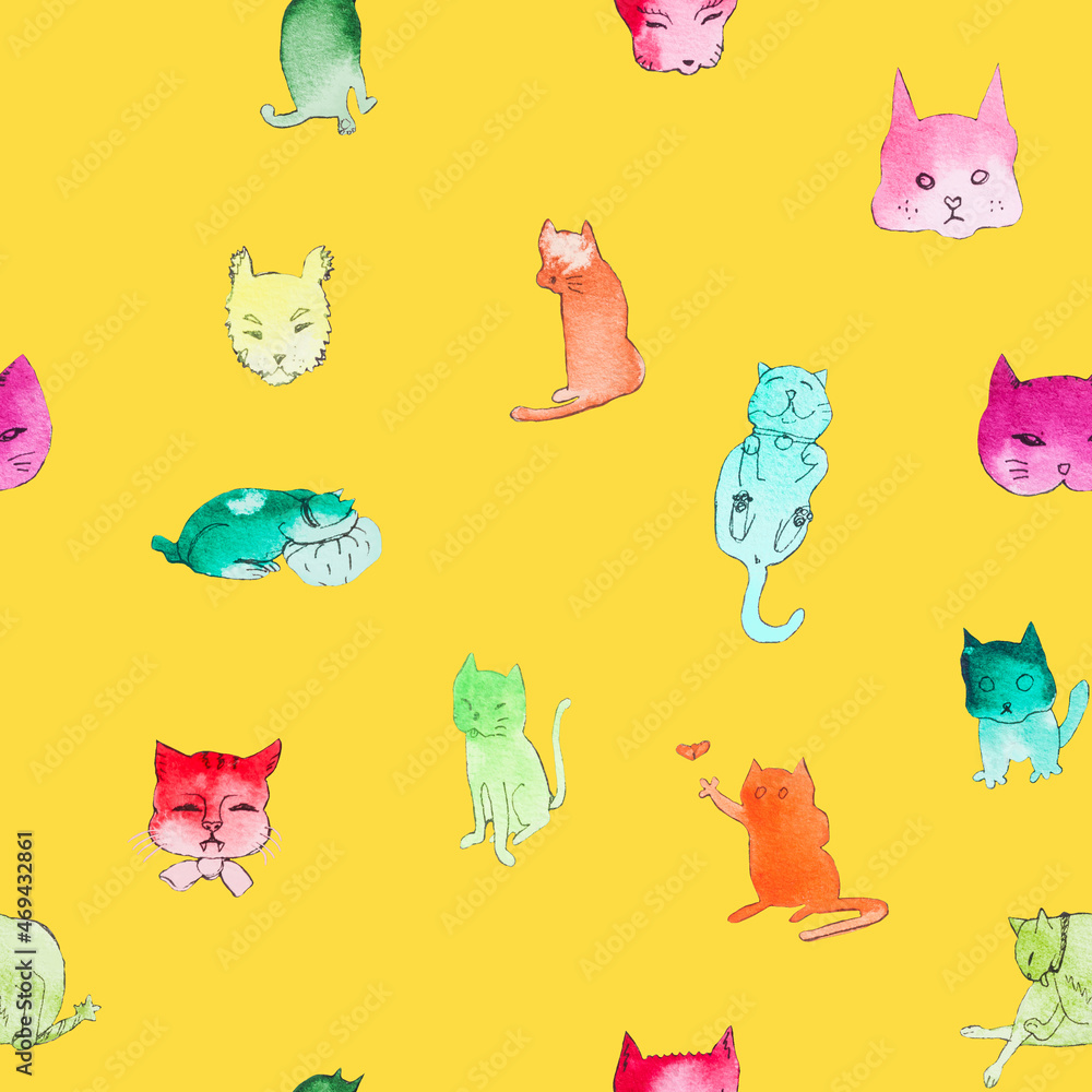 red orange green cats in yellow seamless pattern