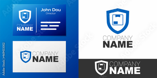Logotype Delivery security with shield icon isolated on white background. Delivery insurance. Insured cardboard boxes beyond the shield. Logo design template element. Vector