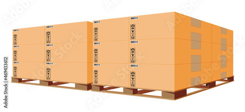 Cardboard Boxes Pile on Wooden Pallet Isolated on White. Carton Delivery Packaging Closed, Sealed, Cubic, Big and Small Box with Fragile Signs. Warehouse, Delivery, Logistics. Flat Vector Illustration