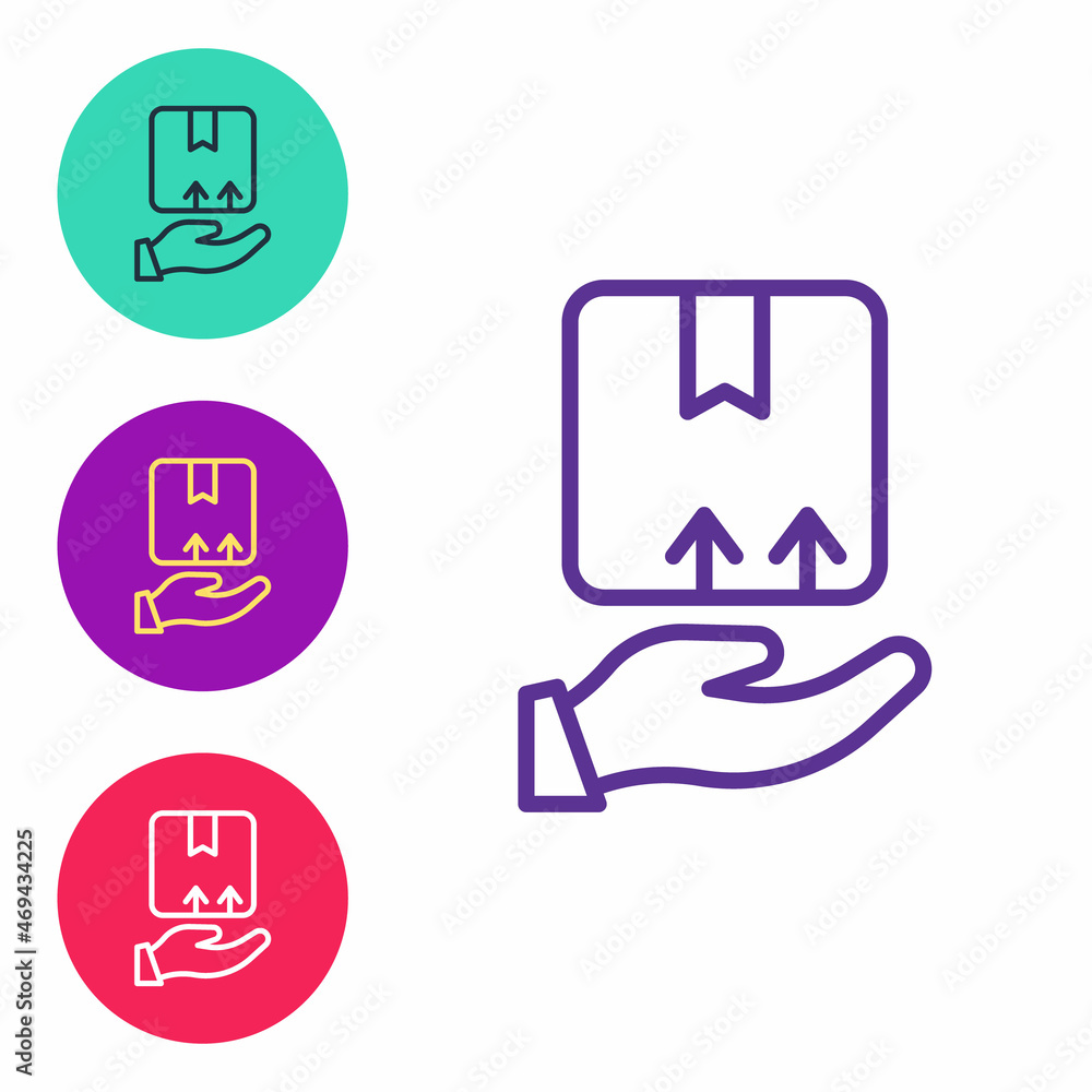 Set line Delivery hand with cardboard boxes icon isolated on white background. Door to door delivery by courier. Set icons colorful. Vector Set line Delivery hand with cardboard boxes icon isolated on white background. Door to door delivery by courier. Set icons colorful. Vector