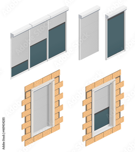 Vector illustration of a security steel jalousie. Isometry. House protection, Windows. Rolled electric curtain.