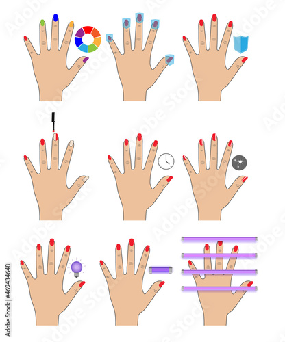 painted nails  shellac  gel lak  hand. flat icons set