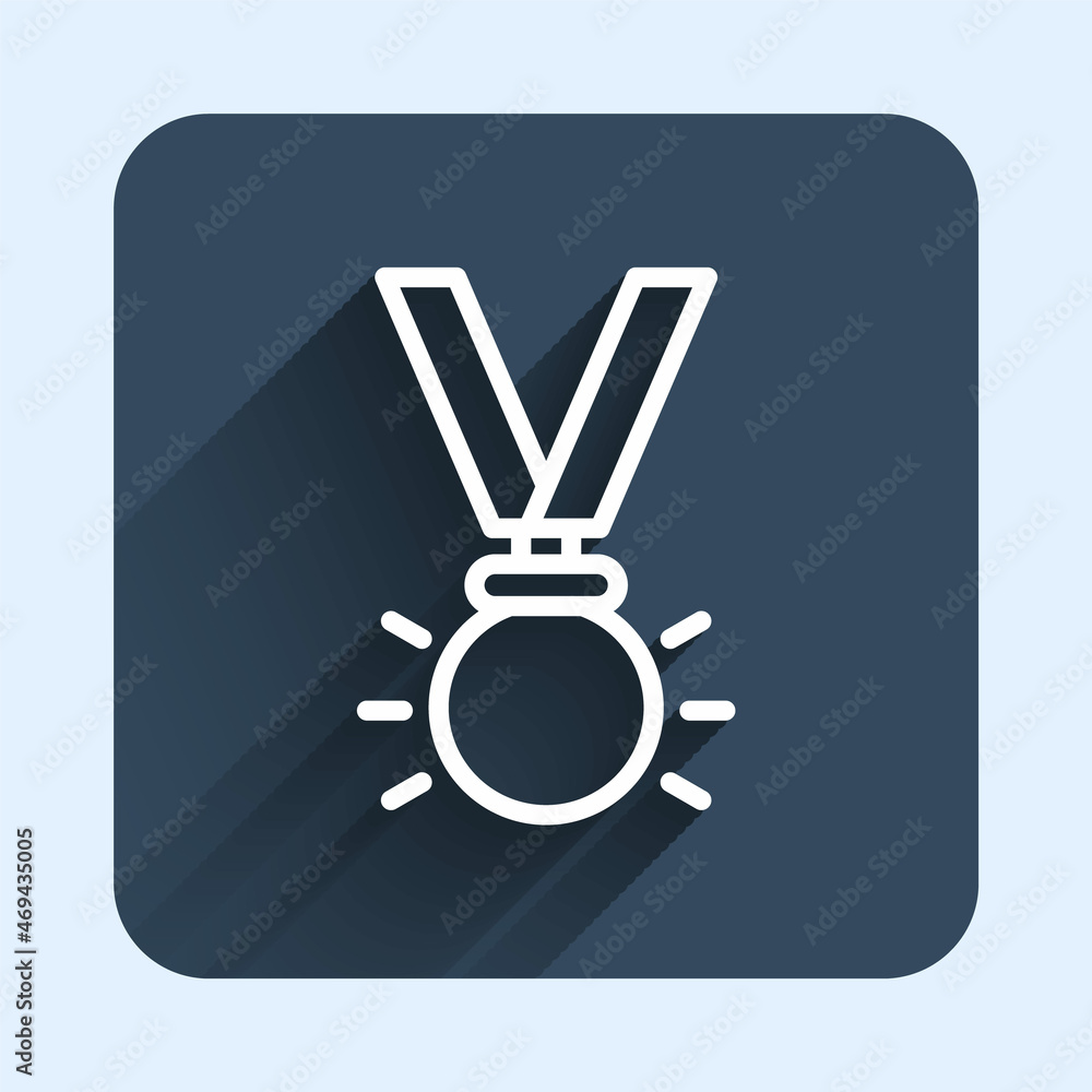 White line Medal icon isolated with long shadow background. Winner symbol. Blue square button. Vector White line Medal icon isolated with long shadow background. Winner symbol. Blue square button. Vector
