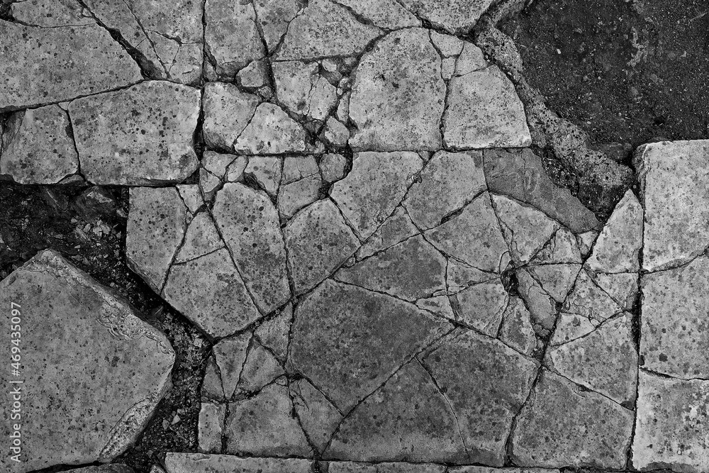 Obraz premium Old&nbsp;aged&nbsp;damaged&nbsp;marble&nbsp;bumpy&nbsp;uneven&nbsp;blocks.&nbsp;Trip&nbsp;pitted&nbsp;grunge&nbsp;granite&nbsp;tile&nbsp;cobble.&nbsp;Cragged&nbsp;grimy&nbsp;retro&nbsp;cranny&nbsp;frayed&nbsp;run&nbsp;track.&nbsp;Crannied&nbsp;dirtied&nbsp;shabby&nbsp;smashed&nbsp;gaping&nbsp;rustic&nbsp;big&nbsp;holes&nbsp;for&nbsp;3d&nbsp;design